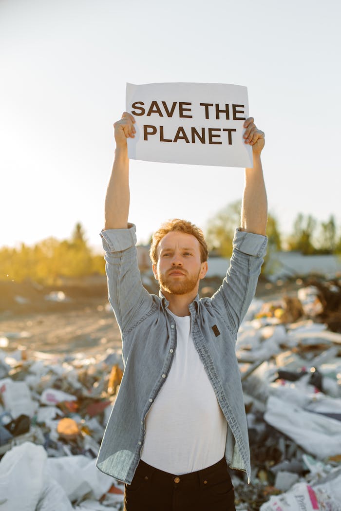 about-img A man protesting landfill pollution, raising a 'Save the Planet' sign.
